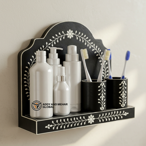 ชั้นวางของในห้องน้ำลายดอกไม้สีดำ ชั้นวางของตกแต่งผนังห้องน้ำทำจากไม้ พร้อมที่วางแปรงสีฟัน - Product Image 6