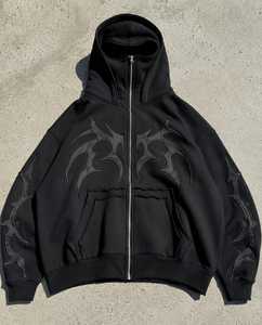 Men's Black <b>Gothic</b> Embossed Hooded Zip-Up Cotton Acid Wash Front Pocket Sweatshirt Regular Fit French Terry Regular Sleeve - Product Image 1