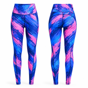 Leggings de yoga taille haute, longueur intégrale, bleu rose, imprimé par sublimation, extensibles dans quatre directions, avec surpiqûres contrastées - Product Image 1