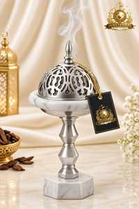 Encensoir de luxe en acier inoxydable avec couvercle en dôme et base en marbre blanc, diffuseur de parfum, porte-encens, parfum d'ambiance pour la maison - Product Image 1