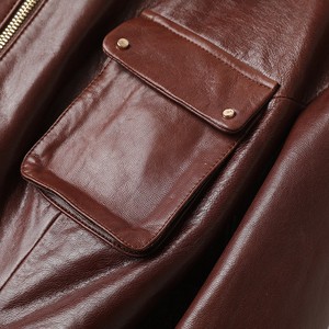Veste safari en cuir véritable pour femme, col rabattu, manches longues, couleur unie, fermeture éclair, style utilitaire, vêtement d'automne - Product Image 6