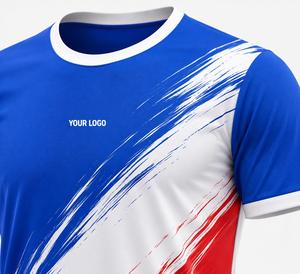 Ensemble de maillots de football pour hommes, bleu, blanc, rouge, sublimé, manches courtes, col rond, polyester respirant, logo personnalisé sur le devant - Product Image 3