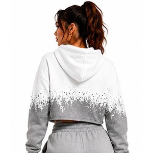 OEM Women Cropped <b>Hoodie</b> <b>White</b> Grey Gradient Color Drop Shoulder <b>Oversized</b> Fit Letter Print Fleece Sweatshirt Autumn Wear - Product Image 4
