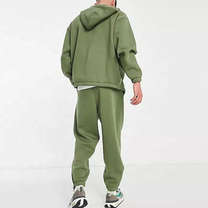 Ensemble de survêtement unisexe vert olive, manches longues, fermeture éclair, couleur unie, vêtements décontractés avec poches latérales, style automne - Product Image 2