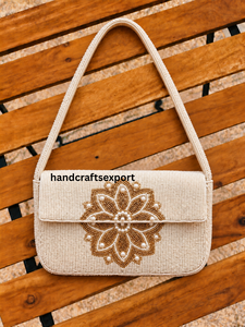 Custom Womens Handmade Ivory <b>Gold</b> Floral Beaded Single Strap Shoulder <b>Bag</b> Elegant Magnetic Flap Bridal Party <b>Evening</b> Purse - Product Image 4