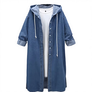 Spring/Summer/Autumn Casual Solid Color Long Hooded Denim Crop Top Jacket Women's Long Sleeve Single-Button Quick-Dry Breathable - Product Image 1