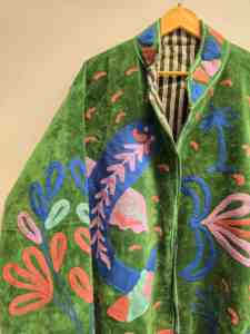 Luxury Emerald Velvet Suzani Embroidered Jacket <b>for</b> <b>Women</b> Colorful Fish Motif Bohemian Ethnic <b>Coat</b> Wholesale Fashion Exporter - Product Image 5