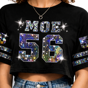 Maillot de football américain court pour femme de qualité supérieure avec strass, numéro personnalisé à paillettes, haut streetwear, marque privée, OEM, vente en gros - Product Image 2