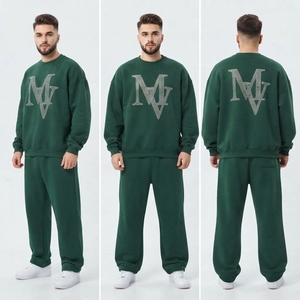 Conjunto de sudadera y pantalón de chándal de algodón con hombros caídos para hombre, estampado de diamantes de imitación, cuello redondo, talla grande, venta al por mayor - Product Image 5