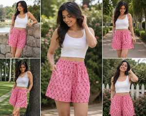 High Quality Pink Floral <b>Women</b> Cotton <b>Shorts</b> Soft Elastic Drawstring Casual Beach Plus Size Lightweight Summer Loungewear - Product Image 6