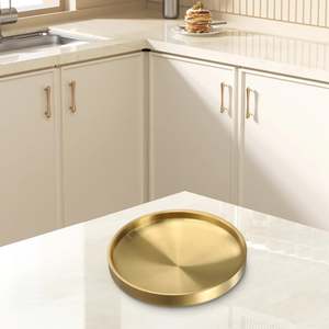 Bandeja Redonda Dorada de Acero Inoxidable, Plato de Metal Pulido, Plato Decorativo para Servir Bebidas, para la Mesa del Comedor del Hogar - Product Image 1
