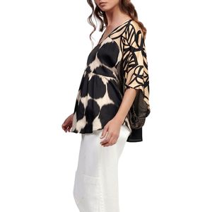 Blusa de Mujer con Estampado Abstracto, Cuello en V, Manga Ancha, Corte Regular, Gasa con Volantes, Informal, ODM, Ligera y Moderna - Product Image 5