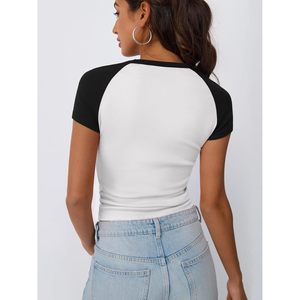 À la mode 2025 reine femmes mignon mince tenues été haut court avec col rond côtelé à manches courtes mignon été manches raglan haut court - Product Image 1