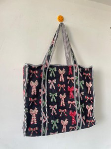 Christmas Bow Hand Block Print Quilted Cotton Tote Bag <b>Large</b> Capacity Women Shoulder Shopping Beach Travel <b>Handbag</b> - Product Image 5
