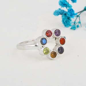 925 Sterling Silver Multi Gemstone Circle Flower Ring Handmade Bezel Set Rainbow Gemstone Ring for Women - Product Image 2