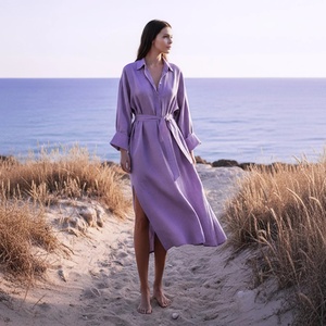 Robe midi à manches longues avec fente latérale, grande taille, en coton, faite à la main, avec nœud, style vintage, taille haute, coupe décontractée ample, pour printemps, été, automne, vacances - Product Image 1