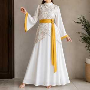 Vestido Maxi Blanco Modesto con Bordado a Mano, Transpirable, Antiarrugas, con Cinturón Color Mostaza, Elegante, de Manga Larga, Estilo Abaya Islámica - Product Image 2
