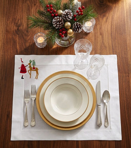 Custom Wholesale Vintage Embroidered Santa Claus Reindeer Christmas Placemat Napkin Set White Cotton Washable Mats Home Holidays - Product Image 3