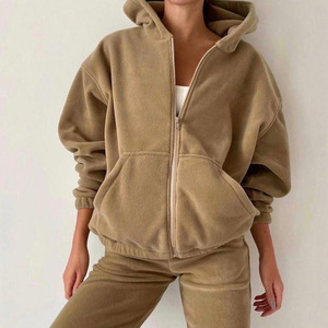 Conjunto Deportivo de 2 Piezas para Mujer, Sudadera con Capucha y Cremallera de Felpa Color Caqui, Estilo Casual y Holgado - Product Image 1