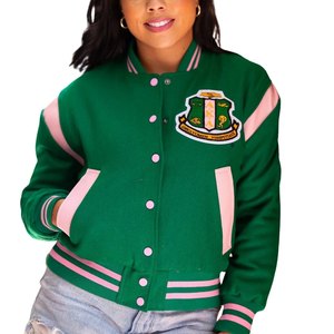 Chaqueta Universitaria Retro Ivy League para Mujer, Verde y Rosa, Chaqueta Letterman Premium con Bordado Elegante, Ropa Urbana - Product Image 2