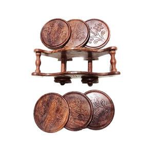 Juego de 6 posavasos de madera de Sheesham hechos a mano con soporte decorativo en forma de vagón, posavasos redondos con incrustaciones de latón premium para café. - Product Image 4