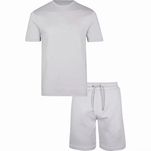 Men's Solid <b>Light</b> Gray 100% Cotton Breathable T-Shirt and Shorts Set Crew Neck Casual Summer Knitted 2-Piece Outfit - Product Image 3