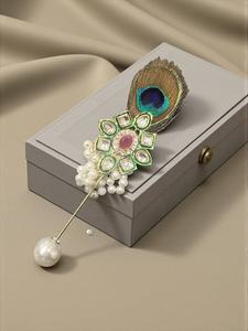 Elegant Vibrant Natural Peacock Feather Kundan Pearl <b>Brooch</b> Pin <b>Fashionable</b> for Bridal & Festive Wear - Product Image 1