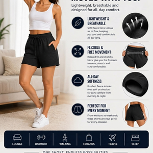 Shorts en molleton de coton de haute qualité pour femmes, taille haute, poches latérales, cordon de serrage, taille élastique, coupe décontractée, vêtements de détente, prix bas - Product Image 3
