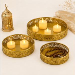 Luxury Round <b>Gold</b> Ramadan <b>Serving</b> <b>Tray</b> Set Ornate Arabic Calligraphy Cutwork Metal Eid Mubarak Decorative Platter for Hot Sale - Product Image 4