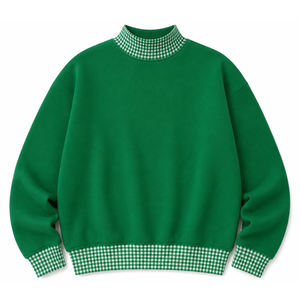 เสื้อสเวตเชิ้ตสีเขียว คอสูงตัดสีเขียวและขาว แขนยาวทรงบ็อกซี่ ปลายแขนและชายเสื้อแบบลายตารางสีเขียวและขาว  พร้อมปักโลโก้ตามสั่ง - Product Image 1