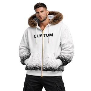 Sweat à capuche zippé pour homme, blanc, personnalisé avec strass, capuche en fourrure, polaire d'hiver, streetwear, avec motif moucheté dégradé - Product Image 4