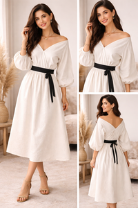 Elegante Vestido Midi de Lino y Algodón Blanco con Hombros Descubiertos para Mujer, Vestidos de Fiesta con Mangas Abullonadas y Fluídas, con Cinturón Negro en la Cintura - Product Image 3