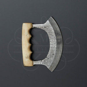 Couteau Ulu en acier Damas fait main sur mesure, manche en os de vache avec étui en cuir, couteau de chef pour hacher et couper, couteau à pizza - Product Image 6