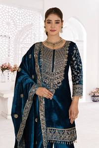 Ensemble indien pakistanais en velours de viscose bleu, broderie lourde, imprimé feuille d'aluminium, longueur au sol, réversible, séchage rapide, style moderne - Product Image 4