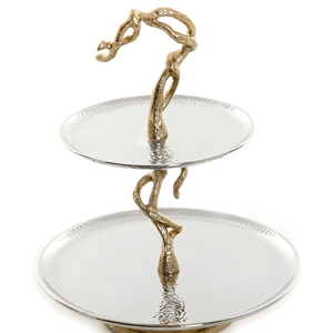 Round Two Tier Cake Stand With Floral Metal Handle Handmade Gold Finish - Product Image 3