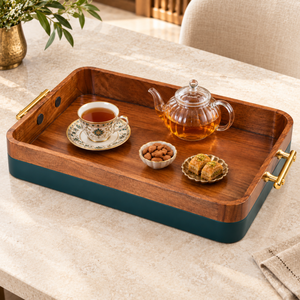 Plateau de service rectangulaire en bois naturel émaillé avec poignées métalliques couleur turquoise, design moderne pour mariage et Diwali |   Durable et facile à transporter - Product Image 2