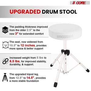 Chaise de batterie 5 Core Drum Throne avec siège rembourré de 3 pouces, réglable, pour la pratique et les performances - Product Image 3