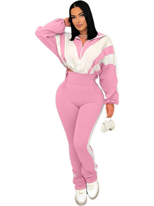 Conjunto Deportivo Personalizado para Mujer, Color Morado con Bloques de Color, Corte Regular, Transpirable, con Franja Lateral de Spandex, Top con Cierre y Pantalones Apilados, Conjunto de 2 Piezas - Product Image 1