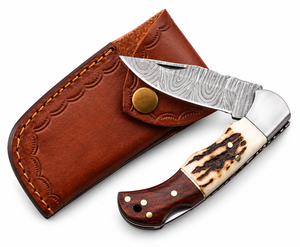 Cuchillo Plegable de Acero de Damasco Hecho a Mano con Mango de Asta de Ciervo y Madera, y Funda de Cuero, Cuchillo de Supervivencia y Camping OEM - Product Image 1