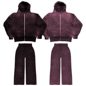 Ensemble de survêtement pour homme avec sweat à capuche zippé à strass, pantalon large coupe oversize délavé à l'acide, style streetwear, logo personnalisé, vente en gros - Product Image 5