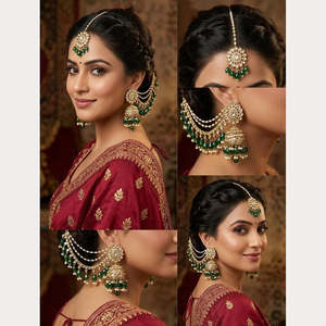 Boucles d'oreilles Jhumki élégantes en pierres Kundan et perles avec Maangtikka, bijoux en perles - 10575458GR - Product Image 2