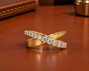 Minimalist 14K Gold Criss Cross Diamond <b>Ring</b> Round Brilliant Cut Lab Grown Diamond Pave <b>set</b> Eternity Band Women's Fine jewelry - Product Image 1