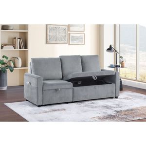 Divano Letto Oswin 70"W in Velluto a Coste Grigio con Chaise Longue Estraibile e Tasca Laterale Sottosedile - Product Image 4