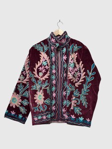 Velvet Floral Embroidered Jacket Mandarin Collar Full Sleeve Plus Size Women's <b>Winter</b> Wear Elegant Style - Product Image 3