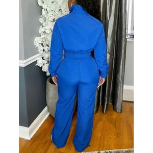 Women's Blue White Striped Eco-Friendly 2-Piece Full Sleeve Zipper Sporty Regular Fit Spandex/Polyester <b>Knitted</b> Summer <b>Set</b> - Product Image 2
