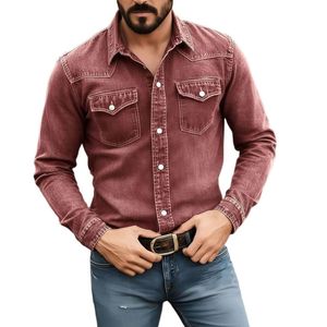 Camisa de mezclilla para hombre, corte ajustado, color liso, manga larga, con botones, cuello vuelto, informal, lavable, de algodón lavado a la piedra - Product Image 1