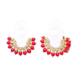 <b>Red</b> Pearl Gold Finish Round Hoop <b>Earrings</b> for Wedding Party - Product Image 3