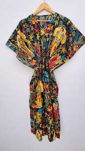 ชุดคาฟตันผ้าฝ้ายพิมพ์ลายดอกไม้ทำมือ, ชุดเดรสยาวสำหรับผู้หญิง, ชุดคลุมชายหาด - Product Image 3