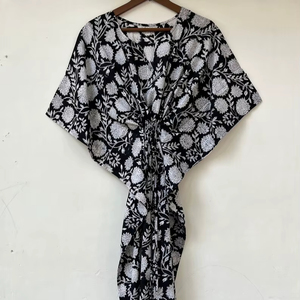 Nuevo Kaftán con Estampado Animal, Cuello en V, Cierre con Cordón, Corte Evase, de Algodón Suave Indio, con Encaje, Largo Completo, para Playa, para Mujer - Product Image 1