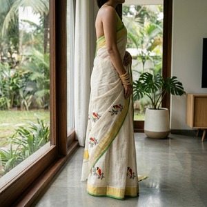 Sari en coton à motif d'oiseaux dessiné à la main avec bordure verte pour femmes, tenue indienne traditionnelle, style décontracté longueur ras du sol - Product Image 2